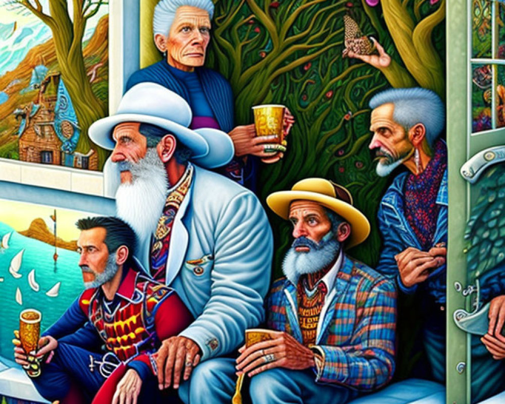 Vividly Colored Room with Five Bearded Men in Unique Outfits Among Plants