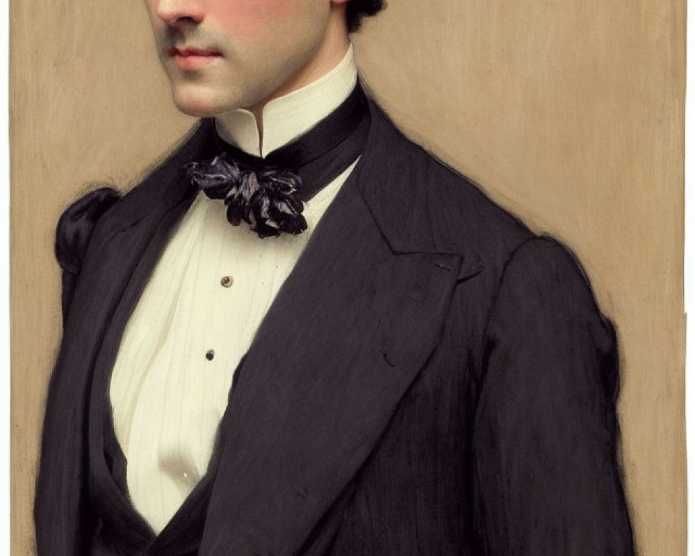 Portrait of Young Man in Black Suit with Dark Hair