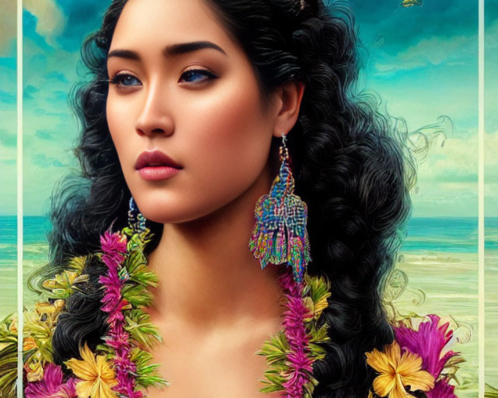 Illustrated woman with crown, earrings, and lei on beach background