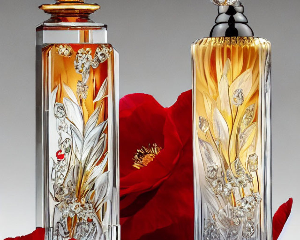 Ornate glass perfume bottles with gold and floral designs and red poppies on gray background