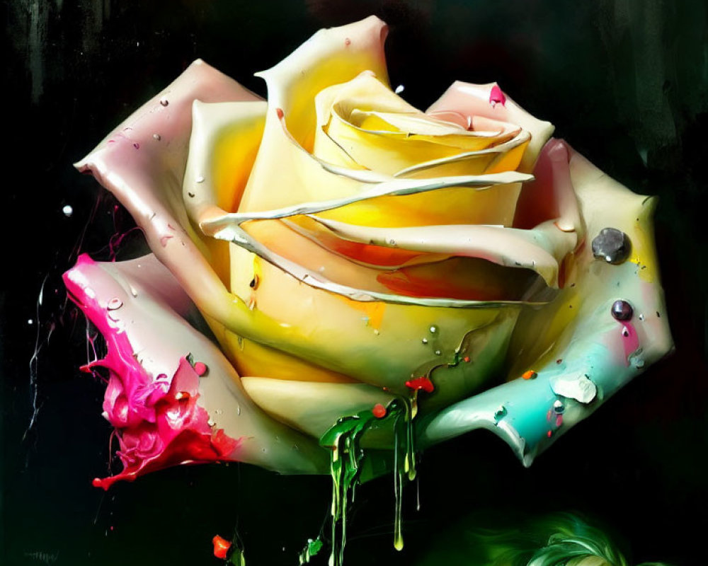Colorful Rose Painting with Vibrant Droplets on Dark Background