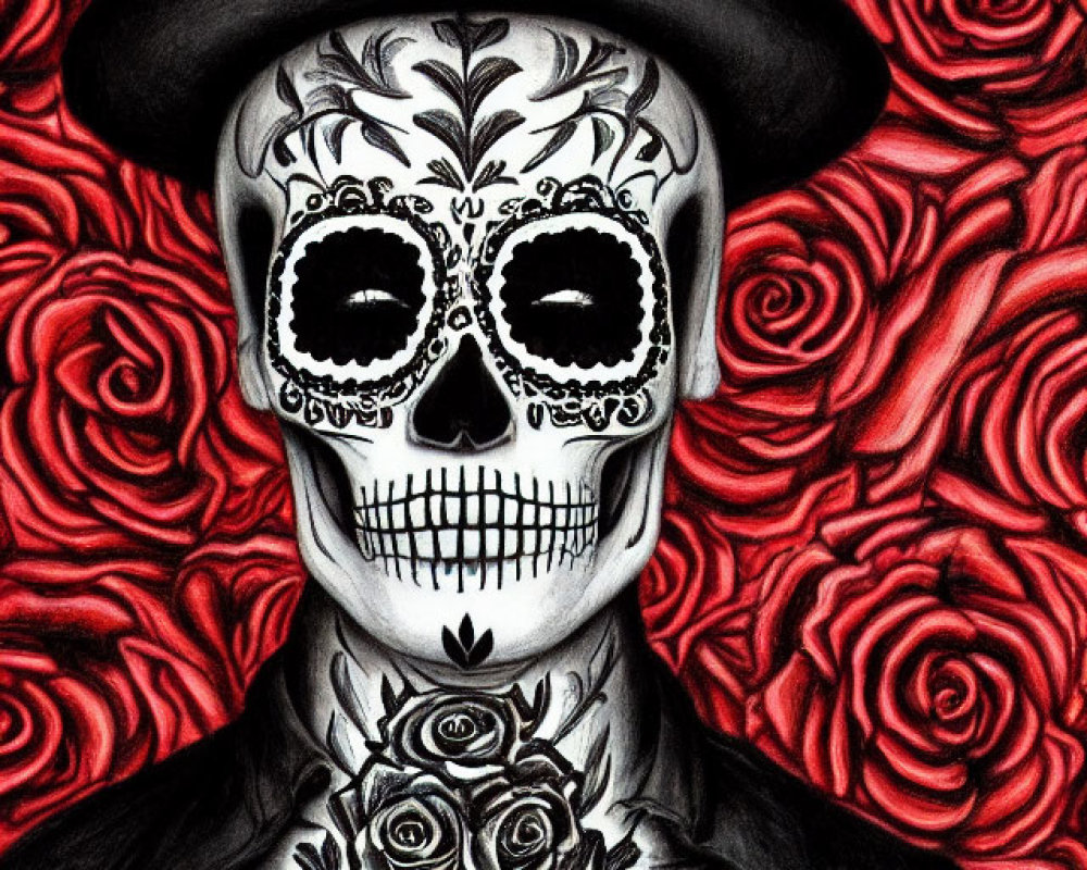 Intricate skull face paint with hat against red roses backdrop