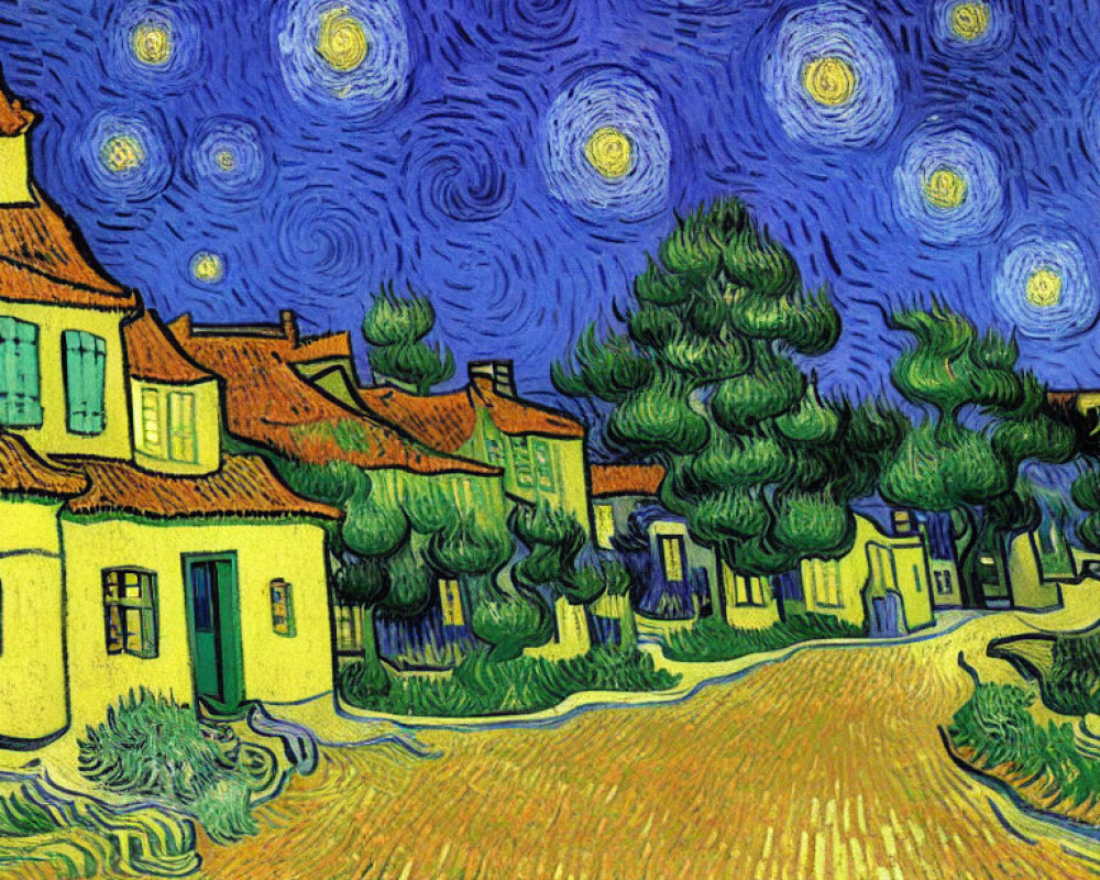 Starry night sky painting with swirling clouds over village
