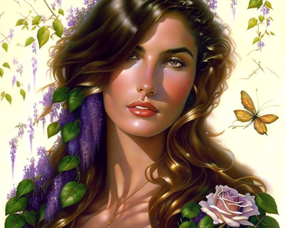 Illustrated portrait of woman with brown hair, green eyes, surrounded by purple flowers and butterfly
