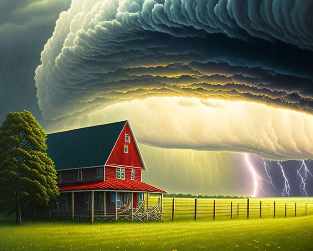 Red farmhouse under shelf cloud with lightning in green field