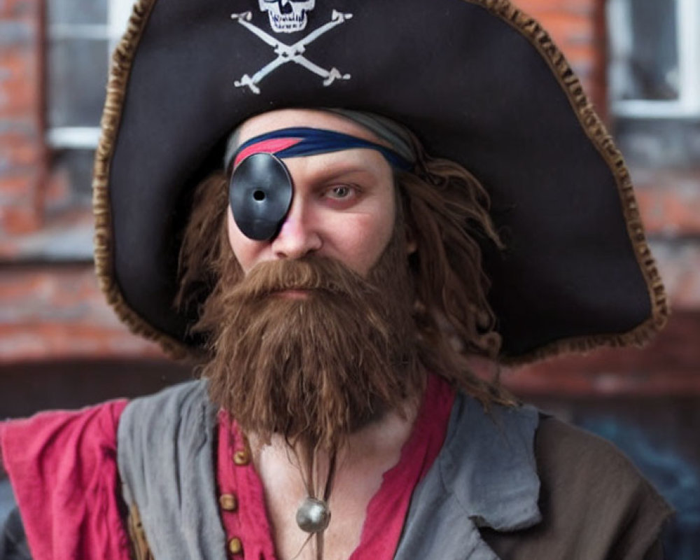 Person in pirate costume with black hat, eye patch, and beard posing confidently