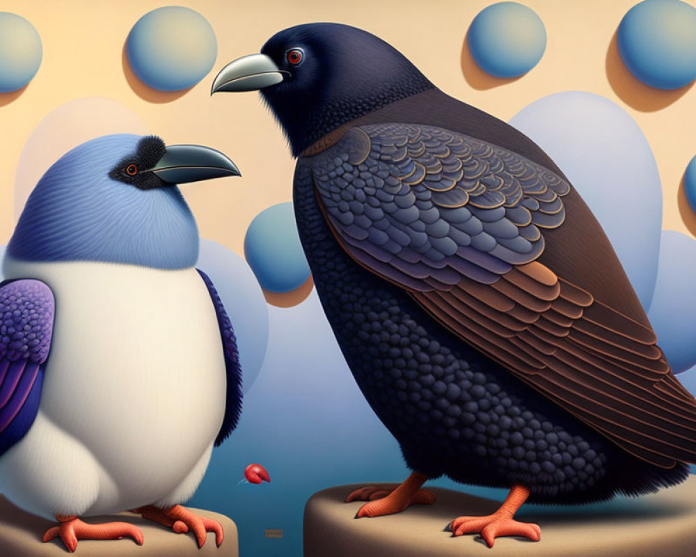 Stylized crow and pigeon with human-like eyes on pedestals with surreal floating orbs