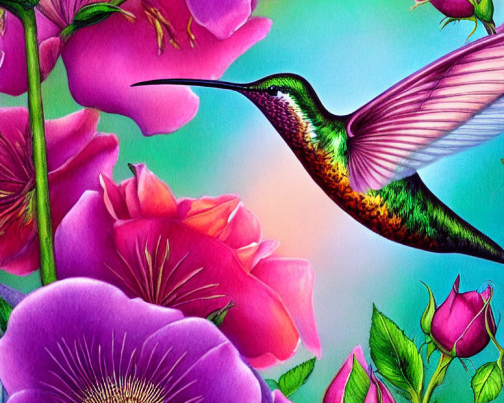 Colorful Hummingbird Illustration Among Pink and Violet Floral Blooms on Teal Background