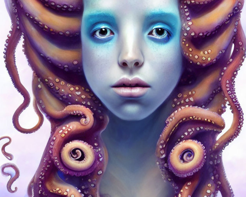 Surreal portrait of person with blue eyes and octopus tentacle hair on blue-purple backdrop