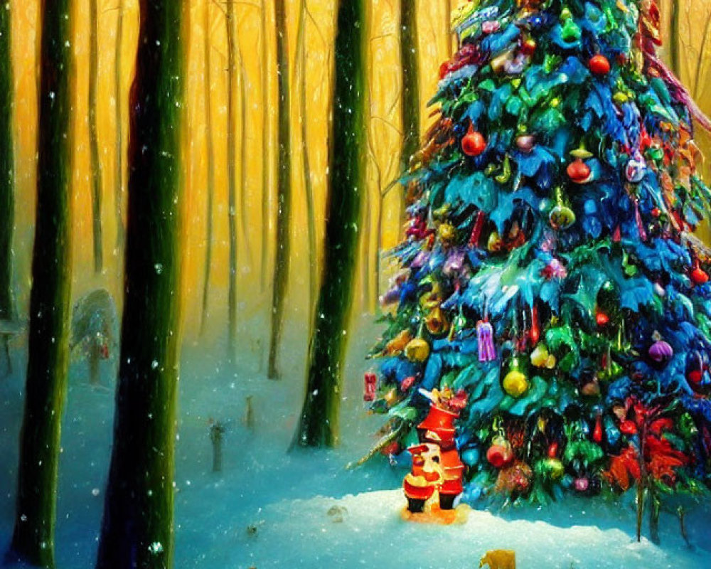 Vibrantly decorated Christmas tree in snowy forest with wildlife and Santa hat.