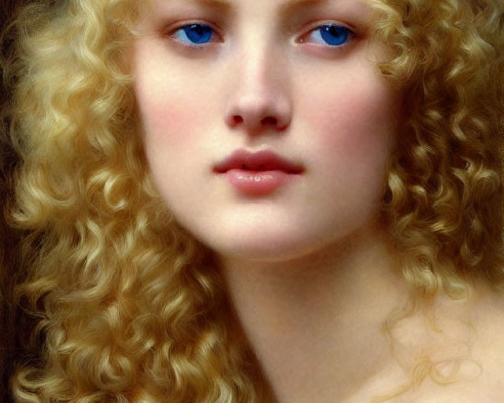 Blonde Curly-Haired Woman with Blue Eyes on Dark Background