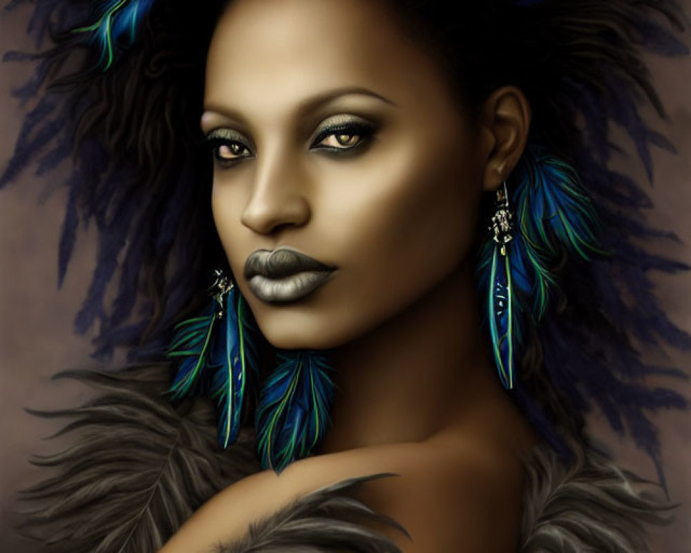 Illustration of Woman with Blue and Green Feathered Headdress on Brown Background