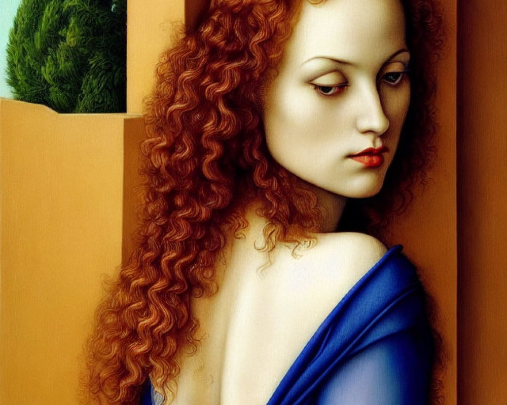 Woman with Curly Red Hair in Blue Dress Beside Cypress Tree