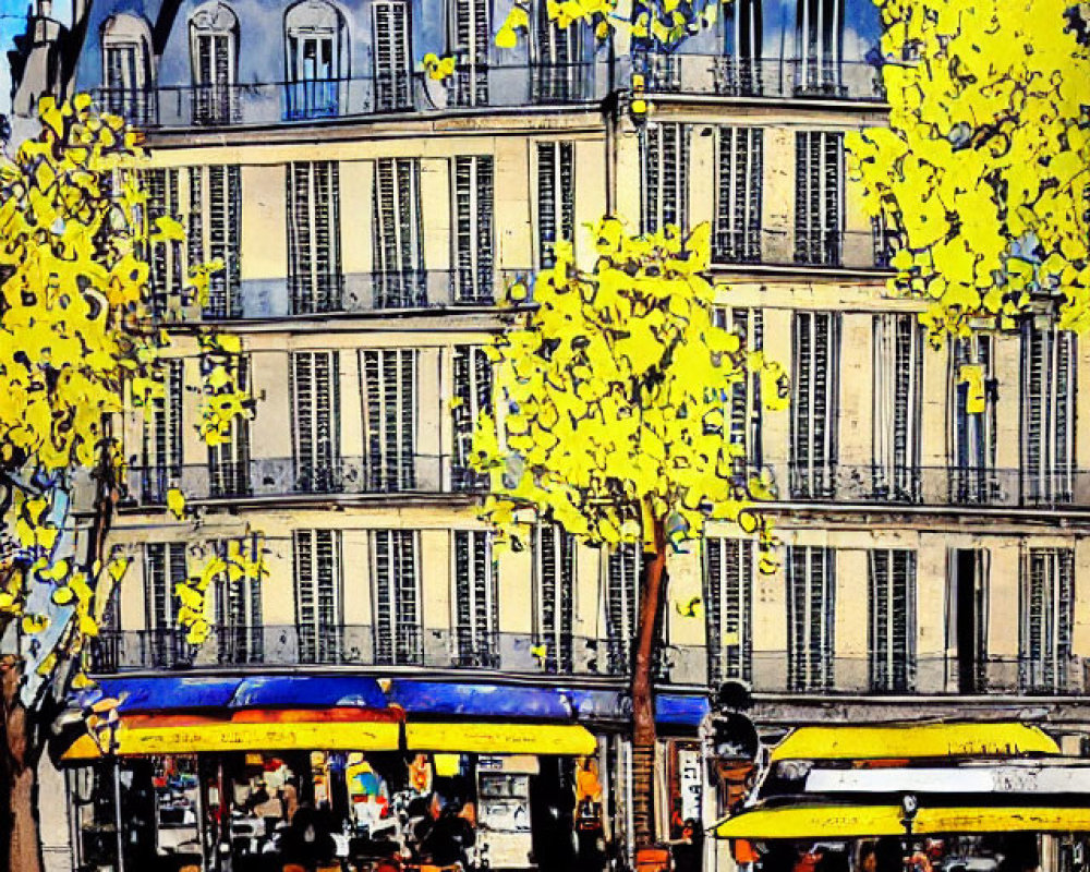 Vibrant street scene with people, cafes, buildings, bicycle, and yellow trees