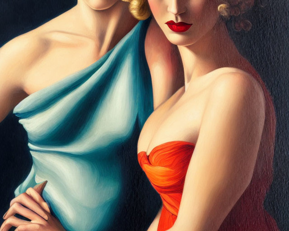 Two women in vintage hairstyles wearing red and blue garments.
