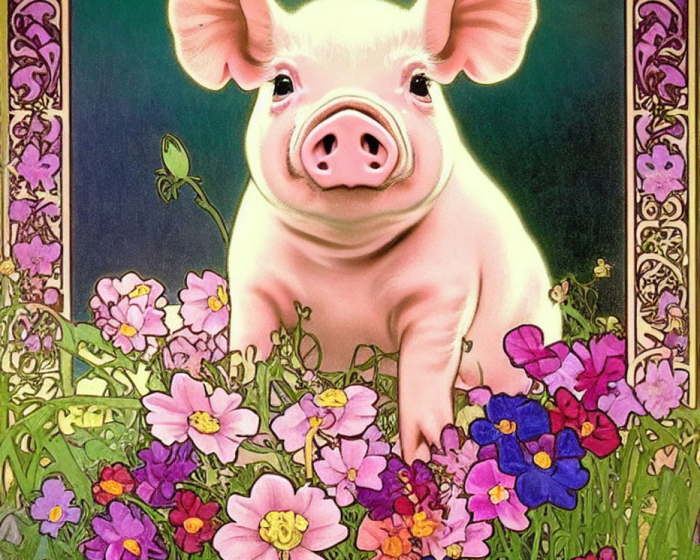 Colorful Art Nouveau Piglet Illustration with Wildflowers