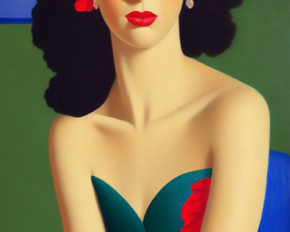 Stylized portrait of woman with red flowers, blue eyeshadow, green dress against blue-green