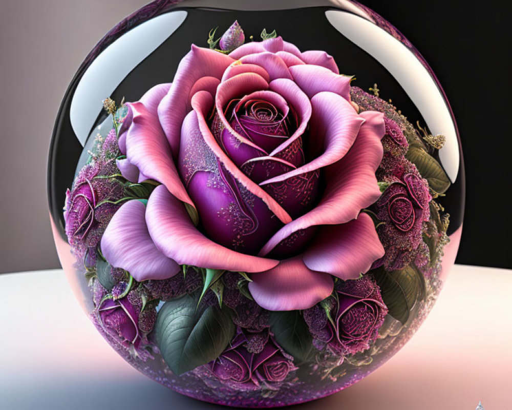 Vibrant purple roses in glass terrarium with bees - digital artwork