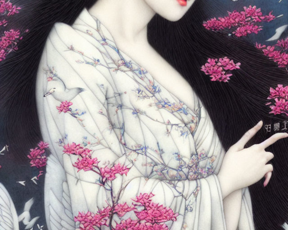Illustration of woman with black hair and pink blossoms, in floral robe under night sky