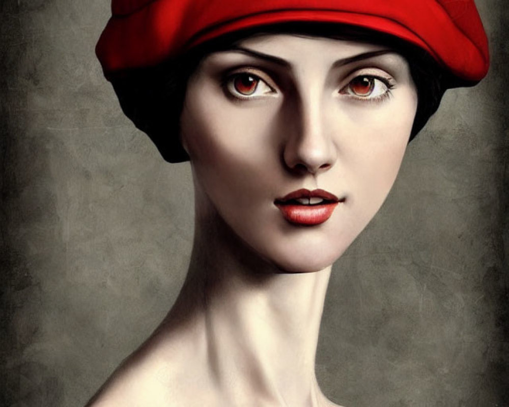 Digital artwork: Woman in red beret & dress with ladybug