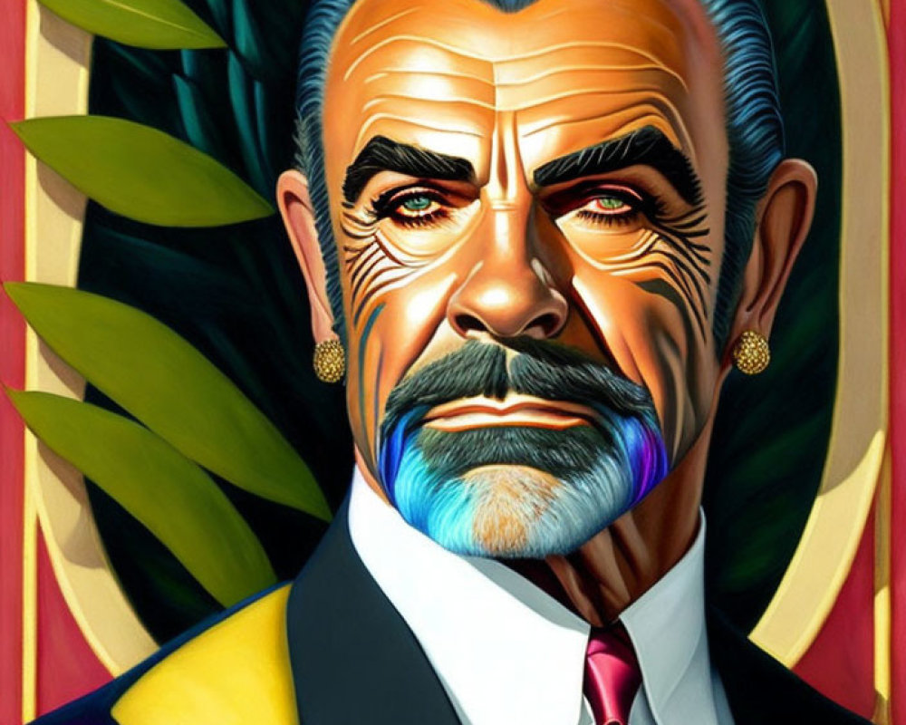 Colorful Stylized Portrait of Mustachioed Man with Earrings