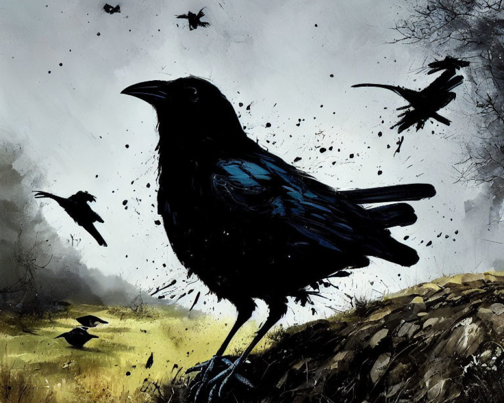 Stylized image: Large black raven with smaller ravens in flight against overcast sky