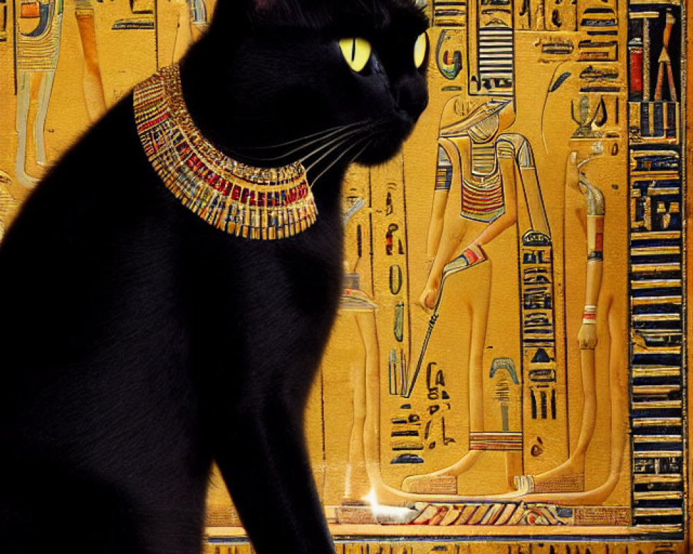 Black Cat with Colorful Collar in Front of Egyptian Hieroglyphic Wall
