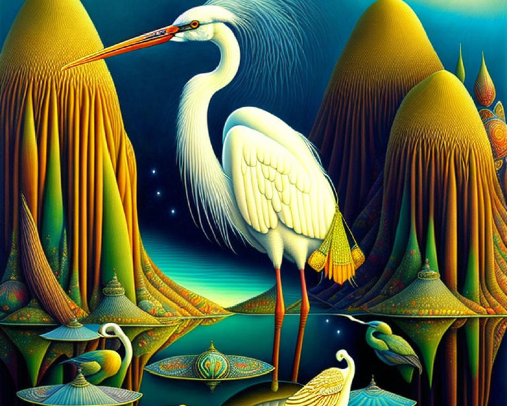 Colorful surreal artwork: elegant storks in fantastical natural setting
