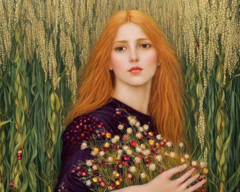 Portrait of woman with long red hair in wheat field holding wildflowers