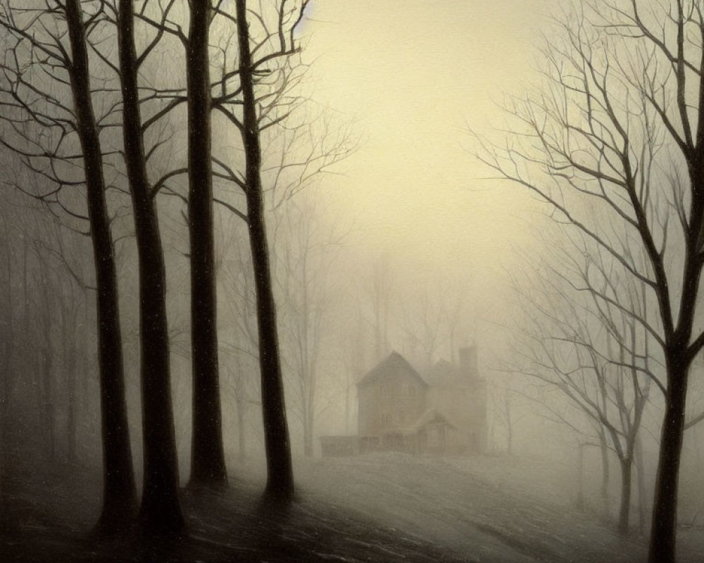 Sepia-Toned Image of Foggy Forest with Shadowy House