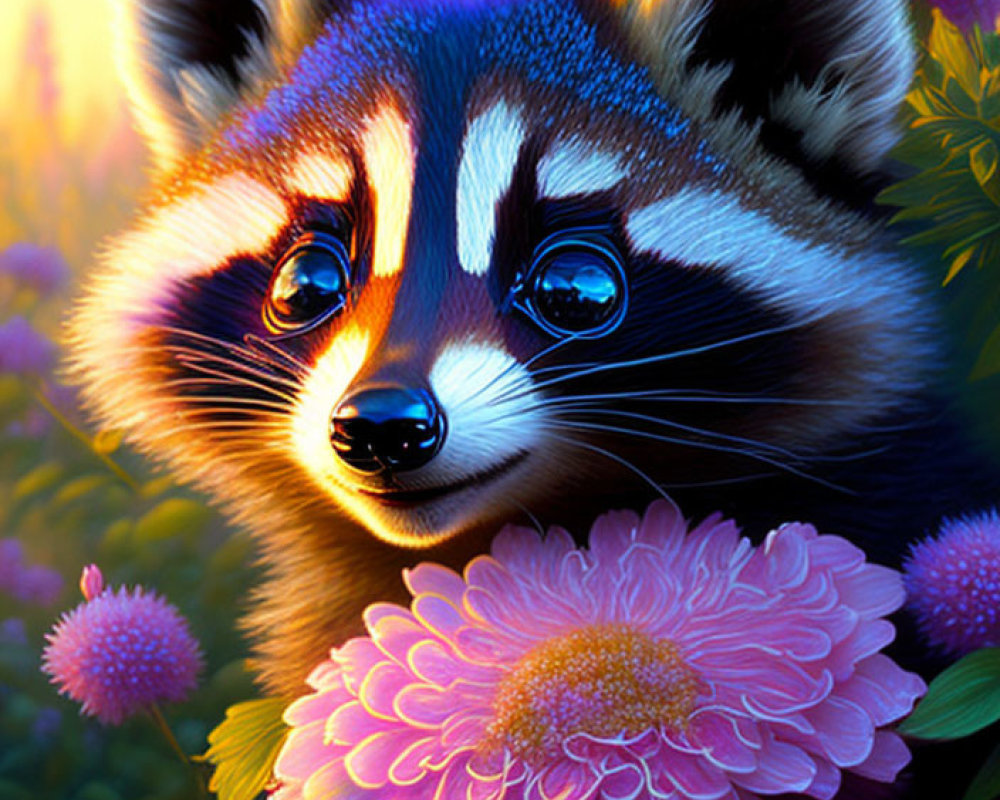 Vibrant raccoon surrounded by pink flowers and greenery