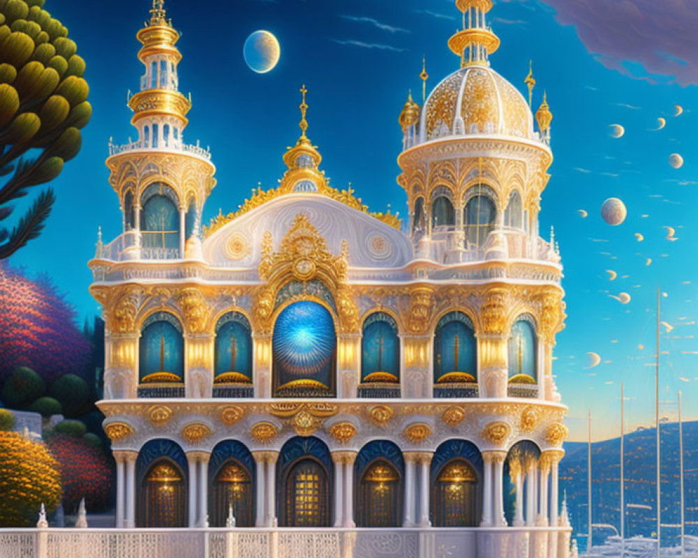 Golden palace by water with moons, trees, and boat under cloudy sky