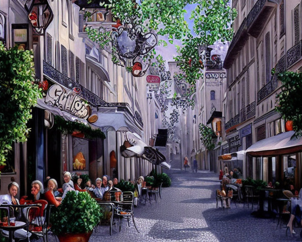 Charming European Street Scene with Cafes and Shops