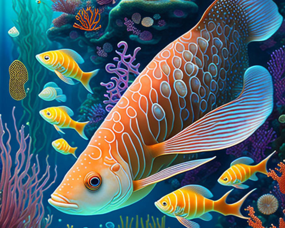 Colorful Coral Reefs with Large Patterned Fish