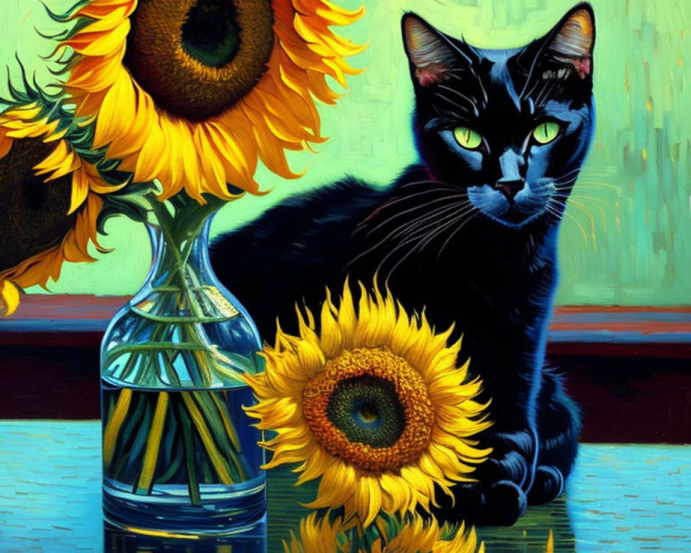Colorful oil painting of black cat and sunflowers with glossy reflection