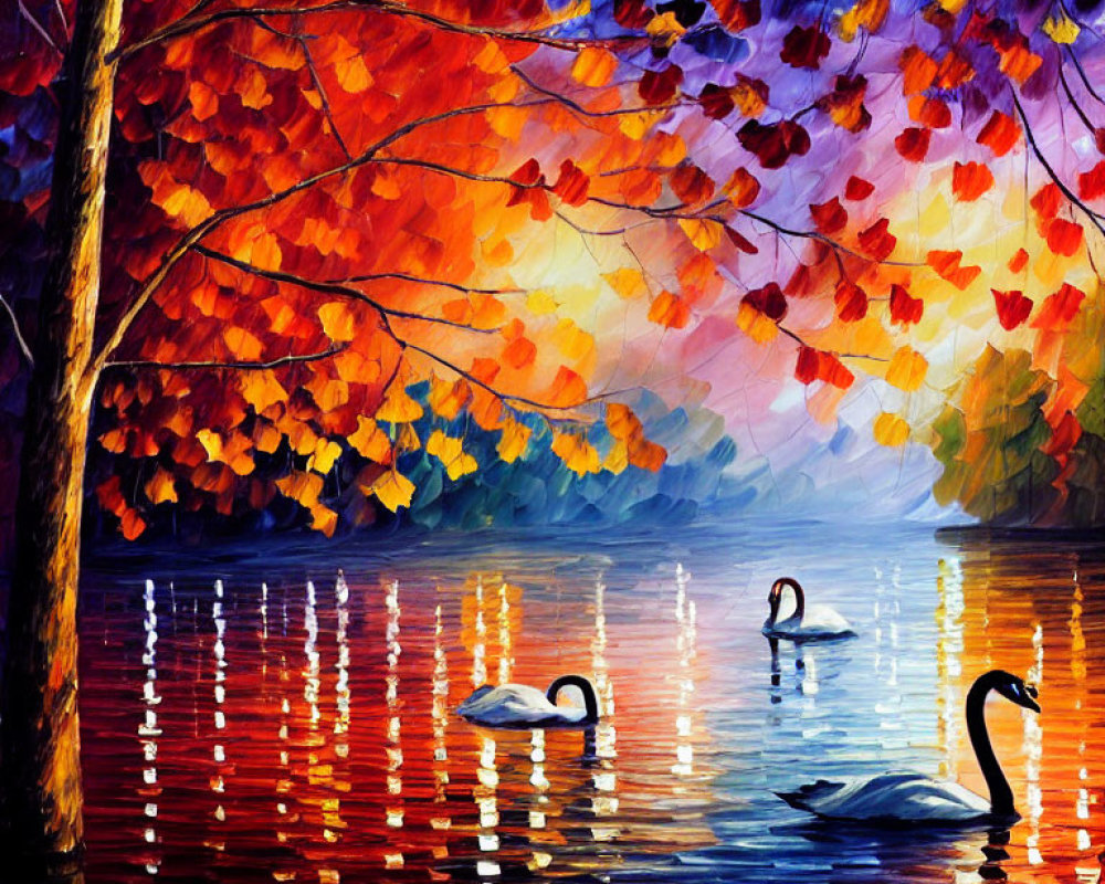 Serene sunset lake scene with three swans and autumn trees