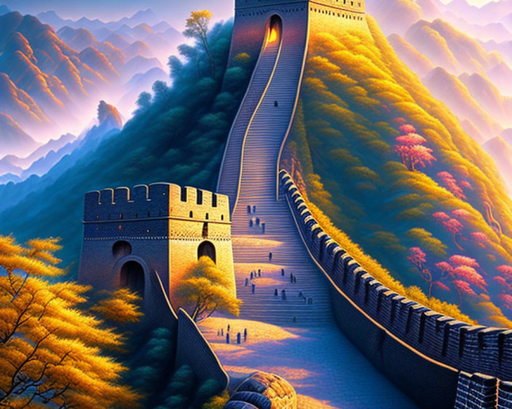 Colorful illustration: Great Wall of China with staircase, hills, and dramatic sky