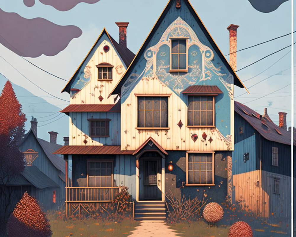 Detailed illustration of quaint two-story house in autumn setting