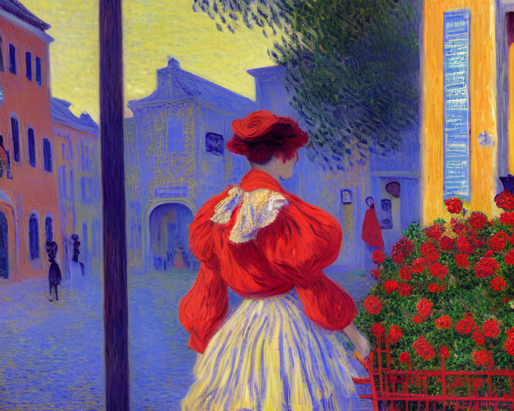 Woman in Red and White Dress on Cobblestone Street Near Flower Cart with Impressionist-Style
