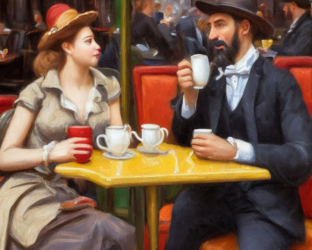 Bearded man and woman in hats drinking coffee at cafe table