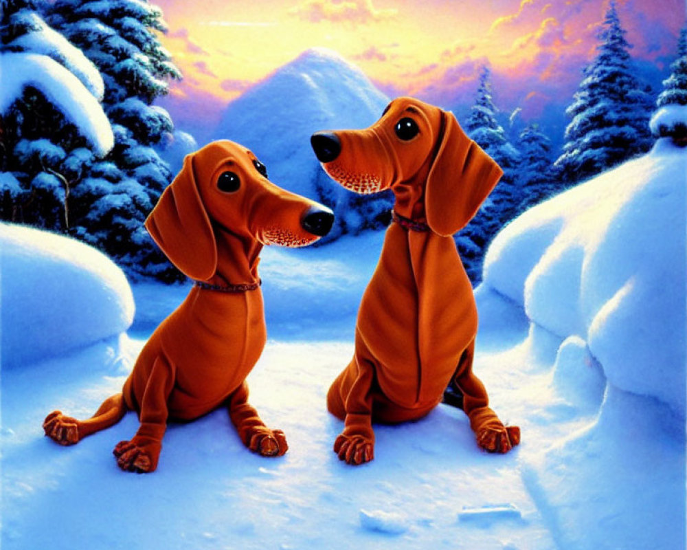 Cartoon Dachshunds in Snowy Landscape with Sunset Sky