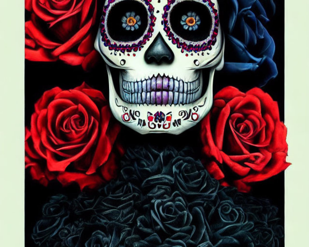 Floral-themed Day of the Dead skull on dark backdrop