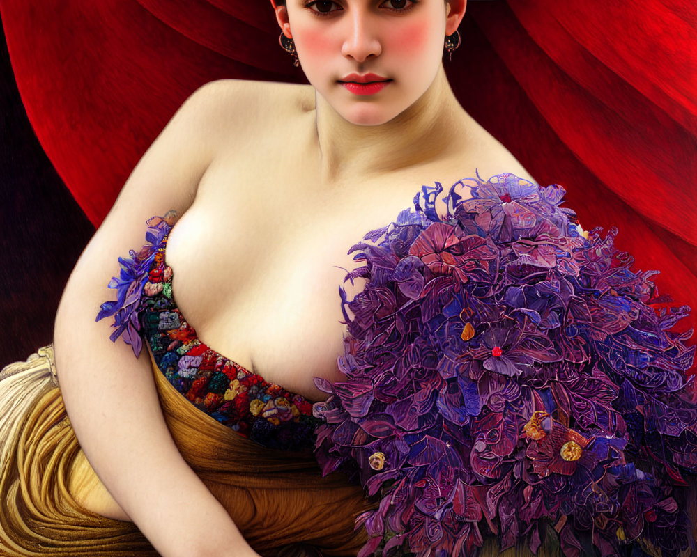 Woman in Red Hat and Purple Flower Dress with Golden Fabric - Classic Artistic Elegance