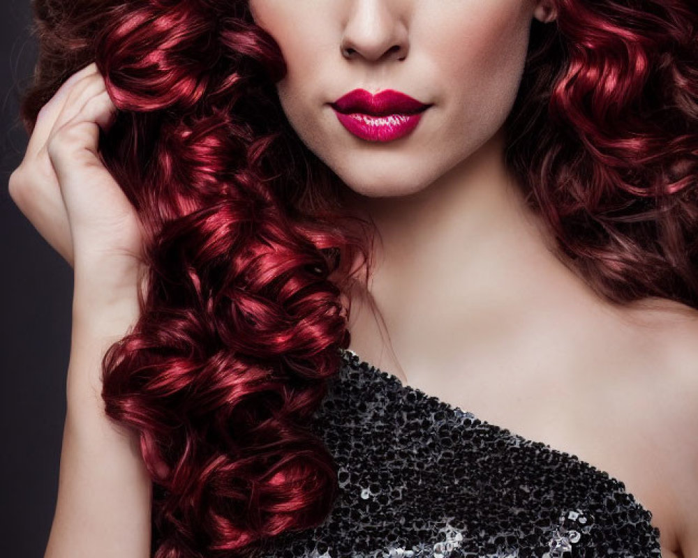 Vibrant red curly hair woman in sequined top with pink lips pose on dark background