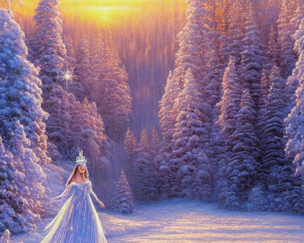 Woman in flowing blue gown in snowy forest at sunset