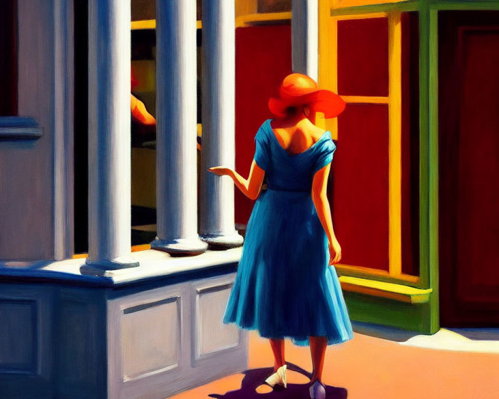Woman in Blue Dress and Red Hat by Building with Columns and Red Door
