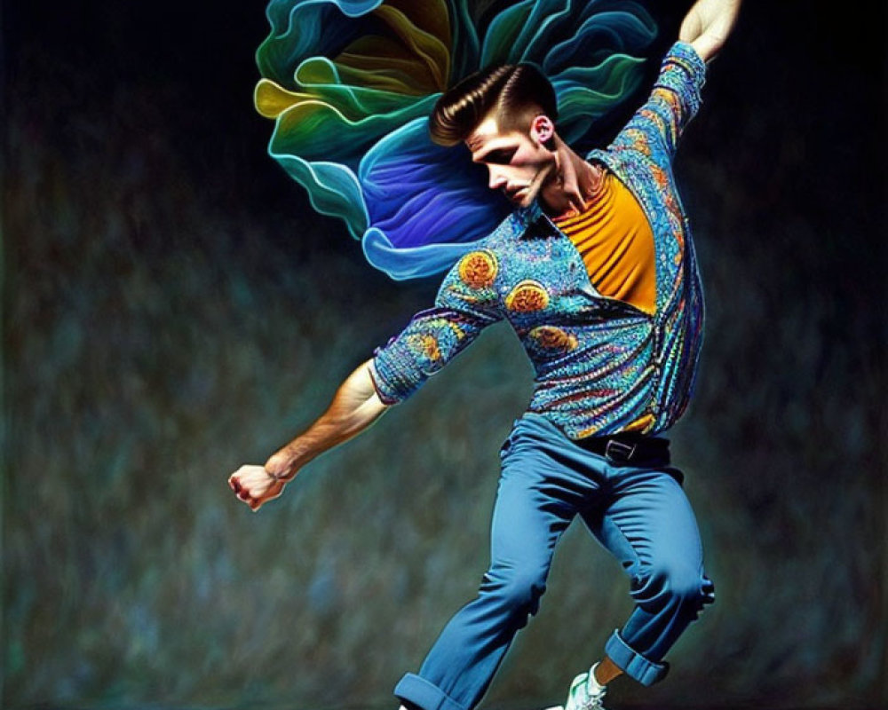 Man with Pompadour Hairstyle Dancing with Colorful Fabric Trail