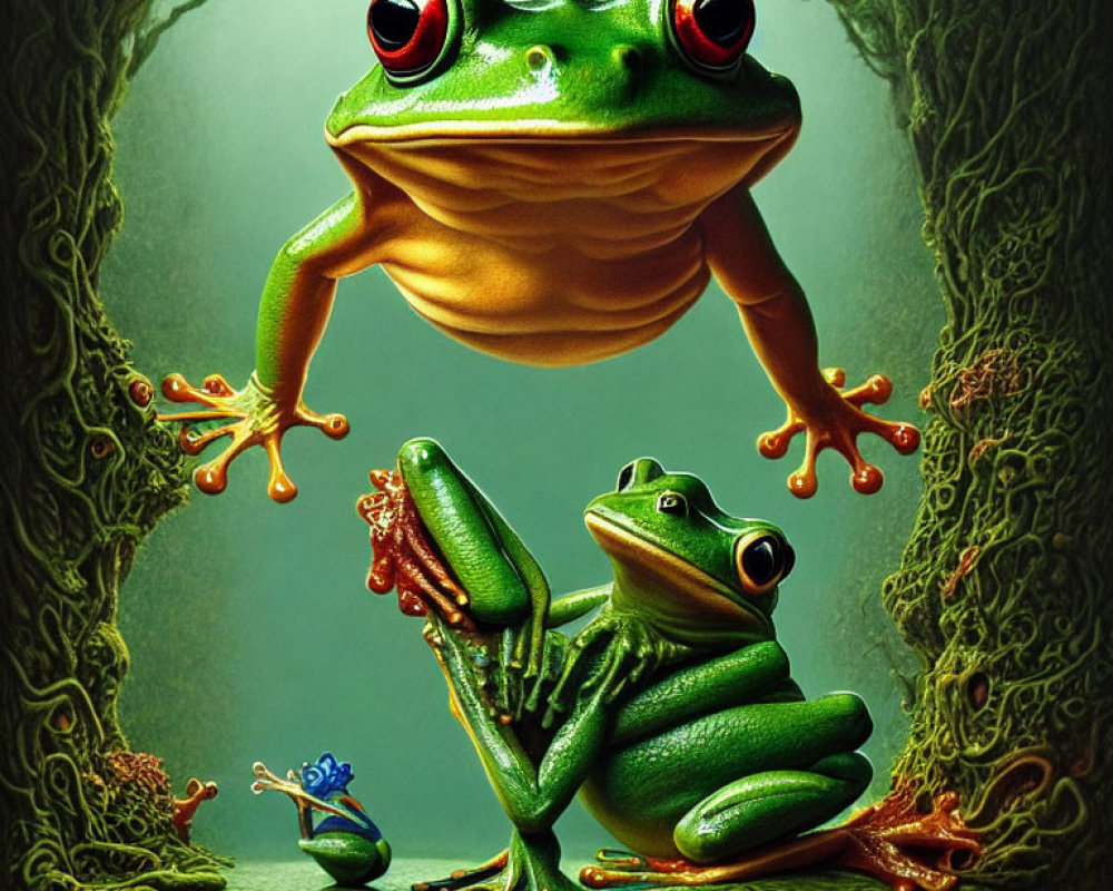 Stylized anthropomorphic frogs in lush forest scene