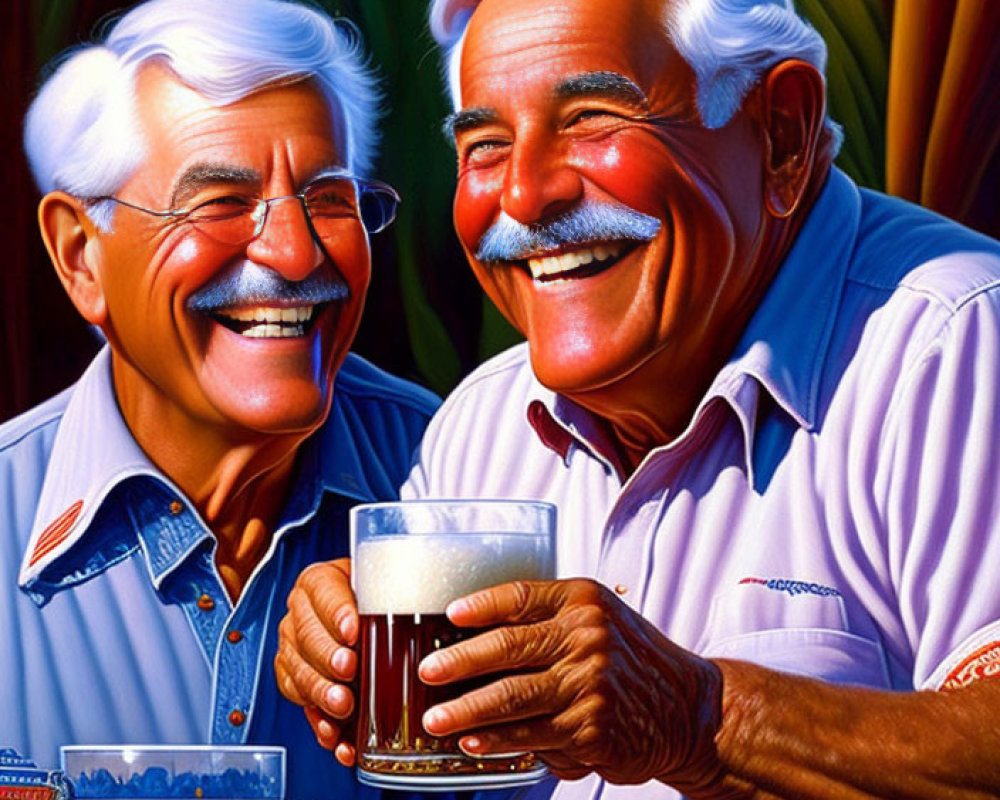 Elderly Men Toasting Beer Glasses in Tropical Setting
