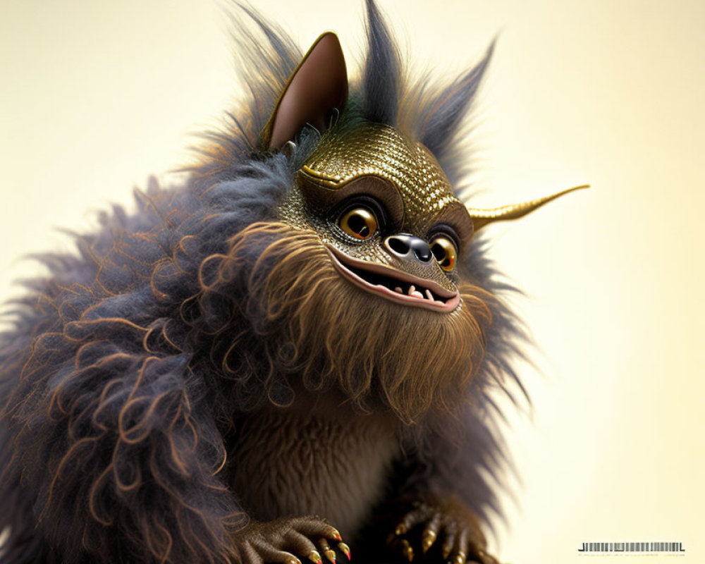 Fantasy creature digital artwork with golden horns, green eyes, and dark fur